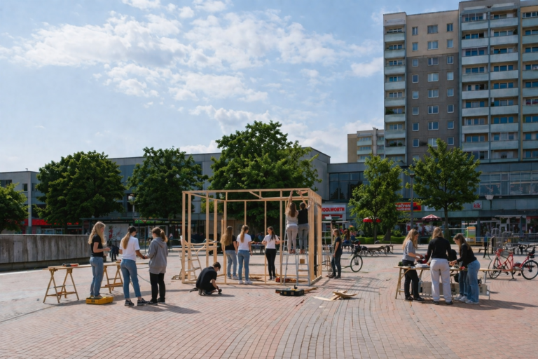 Jugendliche bauen auf einem Stadtplatz an einem Holzhaus. Im Hintergrund sind Hochhäuser und Bäume zu sehen.