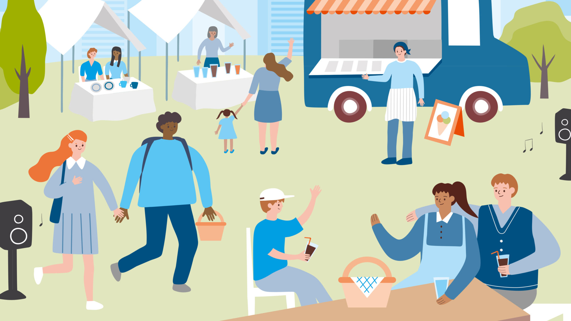 Diese bunte Illustration zeigt viele Menschen auf einem Stadtfest. Vorne picknicken und spazieren Menschen. Im Hintergrund sind Stände und ein Eiswagen zu sehen.